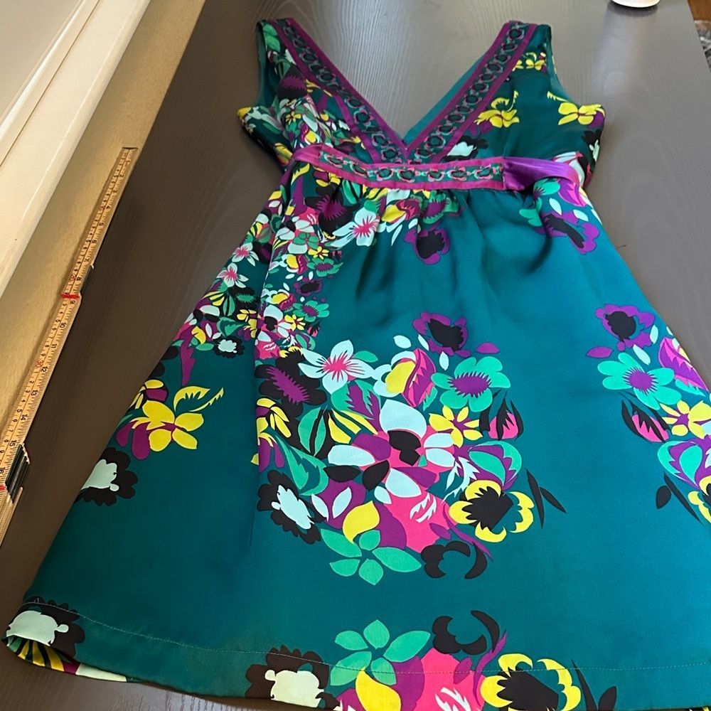 H&M Teal Floral Jewel Tones Satin Dress Size 6